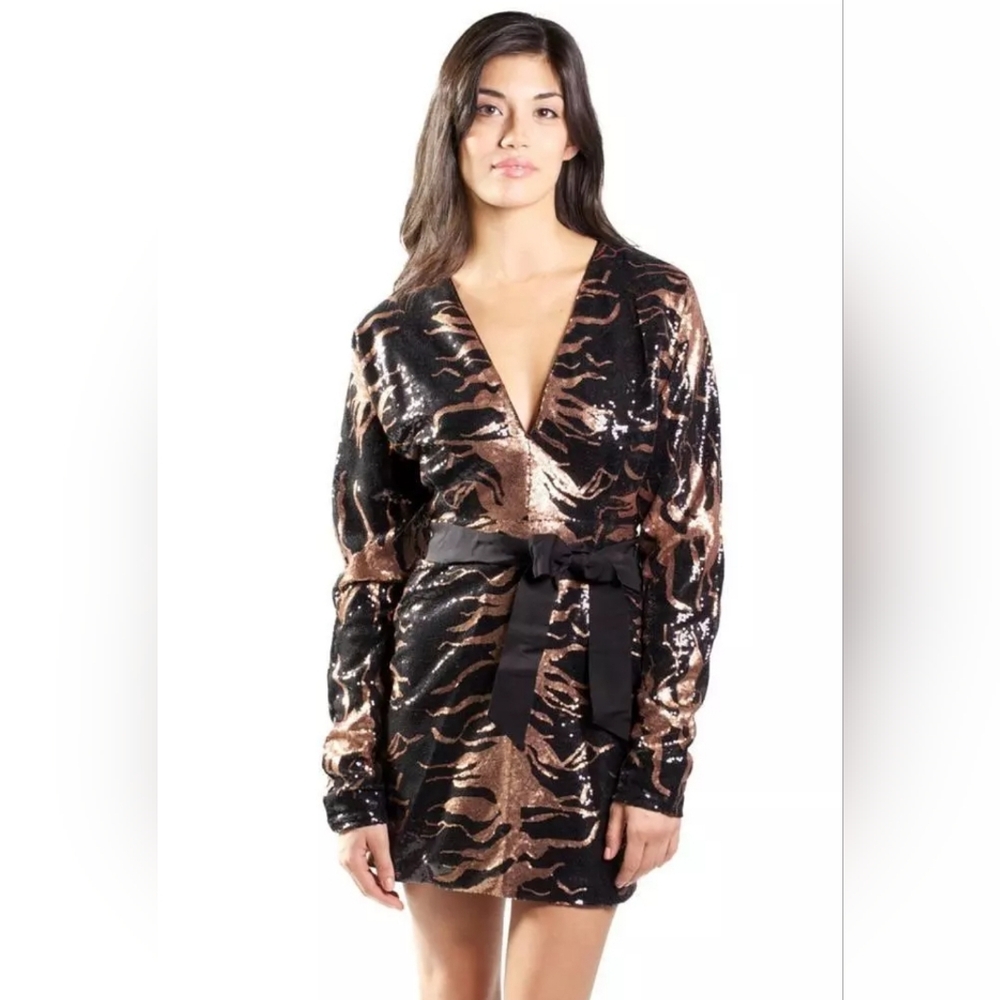 Badgley Mischka METALLIC Gold Copper Black sequin Animal Print Dress M